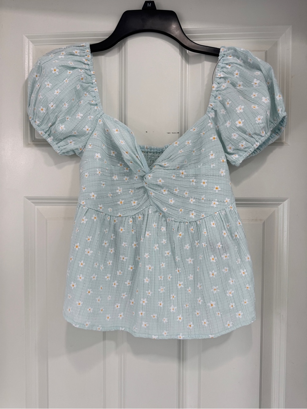 Light Blue Daisy Knot-Front Puff Sleeve Top; flowy twee coquette summer sweet